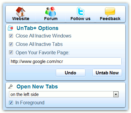 UnTab+ 'Options' window